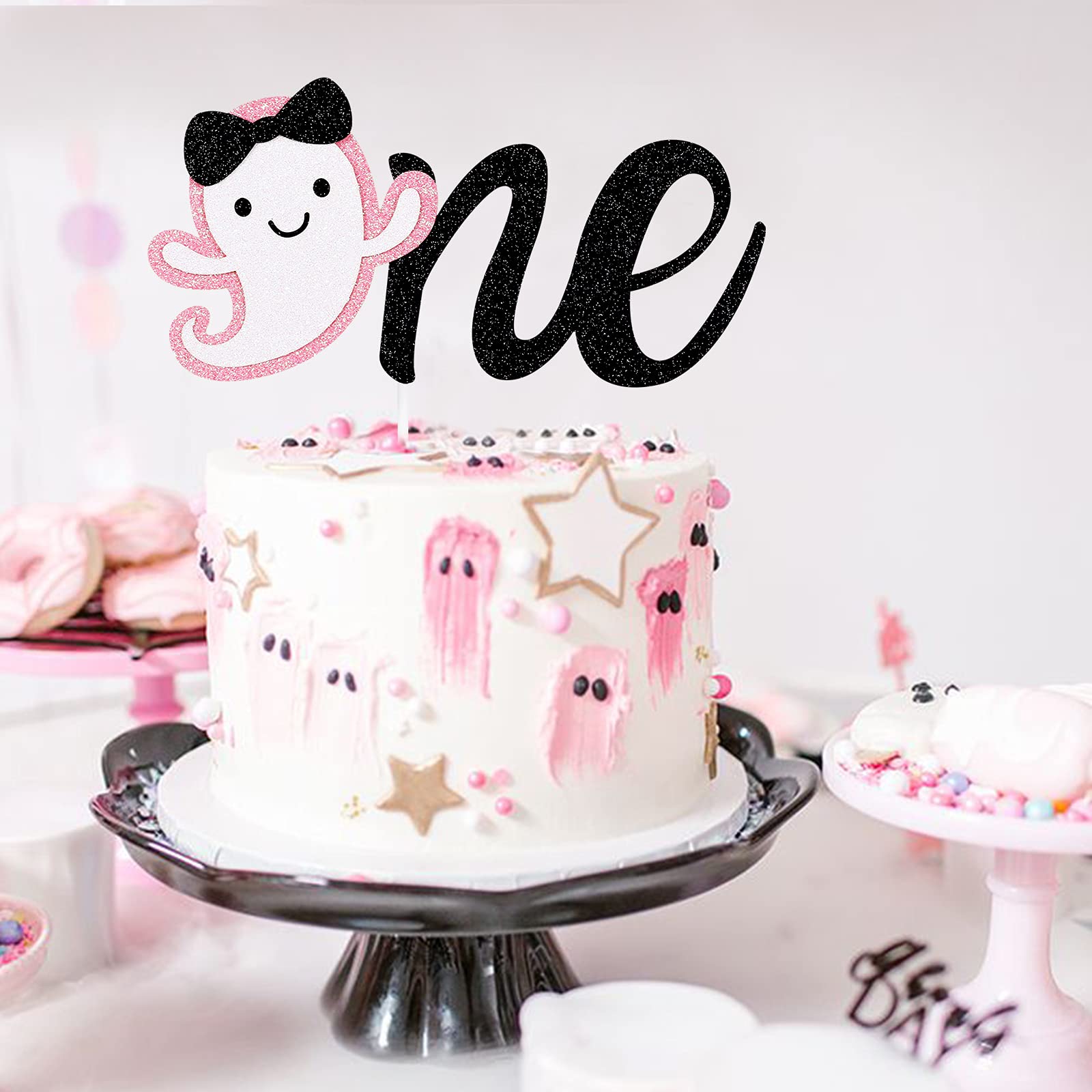 Pink & Black Glitter Halloween Ghost Cake Topper - Baby Girl 1st Birthday Party Supplies | Adorable Ghost Decor for Halloween Cakes, Cupcakes & Desserts