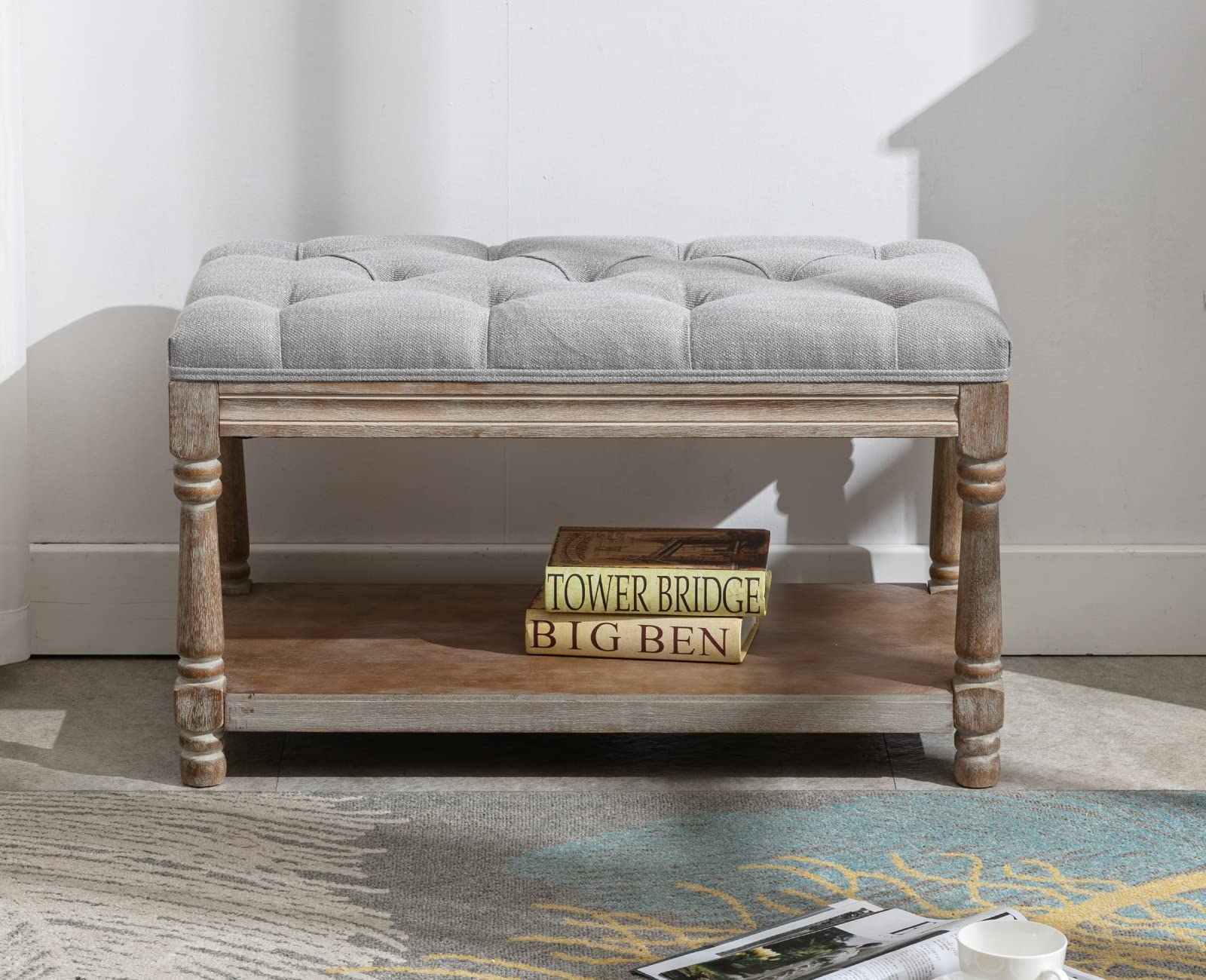 Kmax Storage Entryway Bench with Tufted Seat - Wooden Shoe Rack & Window Bench for Hallway, Bedroom, Living Room - 1-Seat Storage Ottoman in Gray - Perfect for Small Spaces & Home Organization