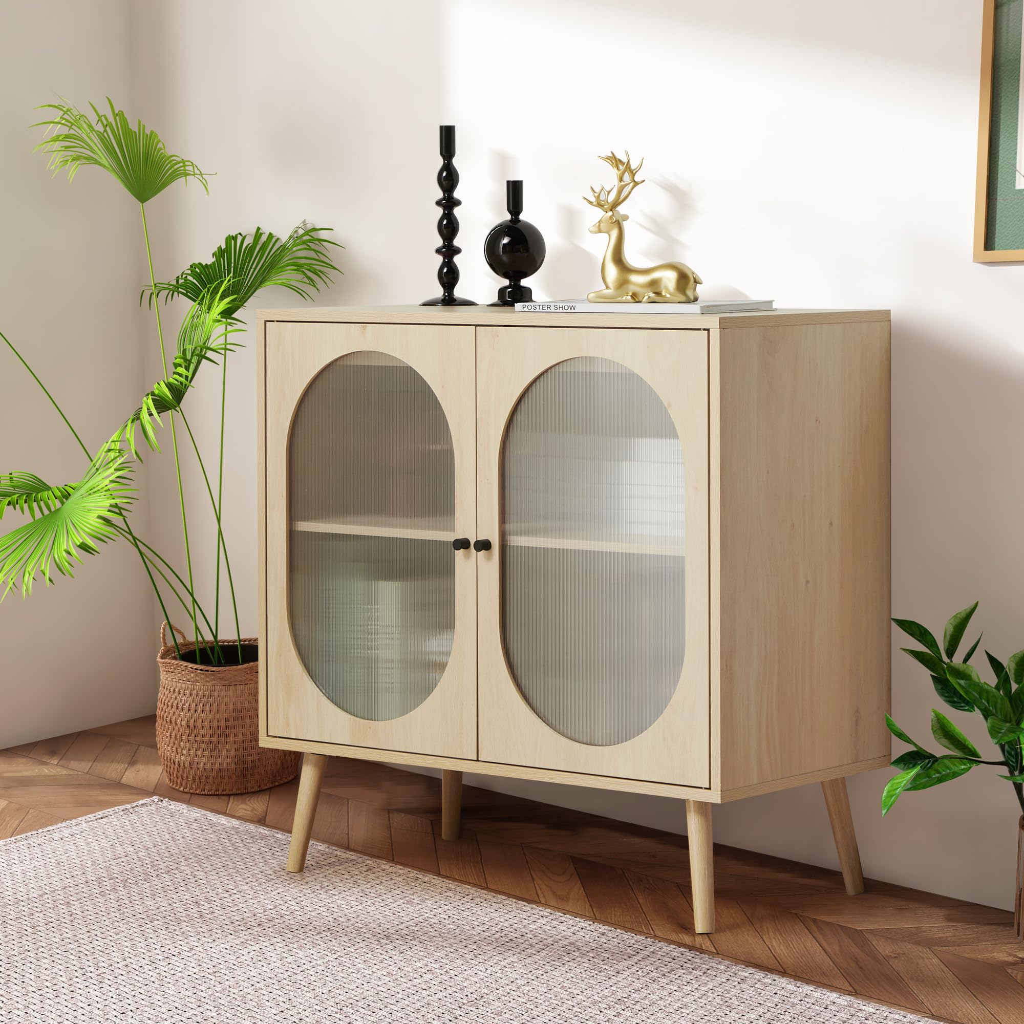 Modern Sideboard Buffet Cabinet with 2 Doors & Adjustable Shelves - Natural Wood Storage Cabinet for Kitchen, Living Room, Hallway - Perfect for Dining Room Storage, Display Decor & Organizing Dishes