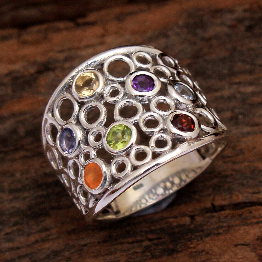 925 Sterling Silver Citrine Rings for Women – Yellow Round Gemstone Bridesmaid Rings, Handmade Bezel Set Multi-Stone Jewelry – Perfect for Weddings, Parties & Everyday Elegance