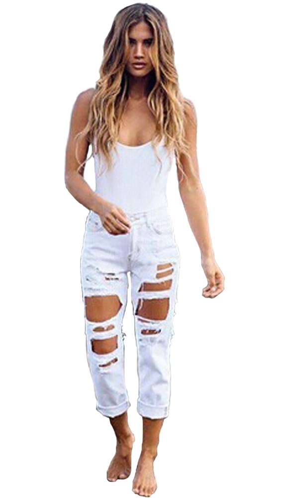 Destroyed Women's Boyfriend Jeans - White Distressed Skinny Denim Pants for Casual Wear & Street Style Fashion