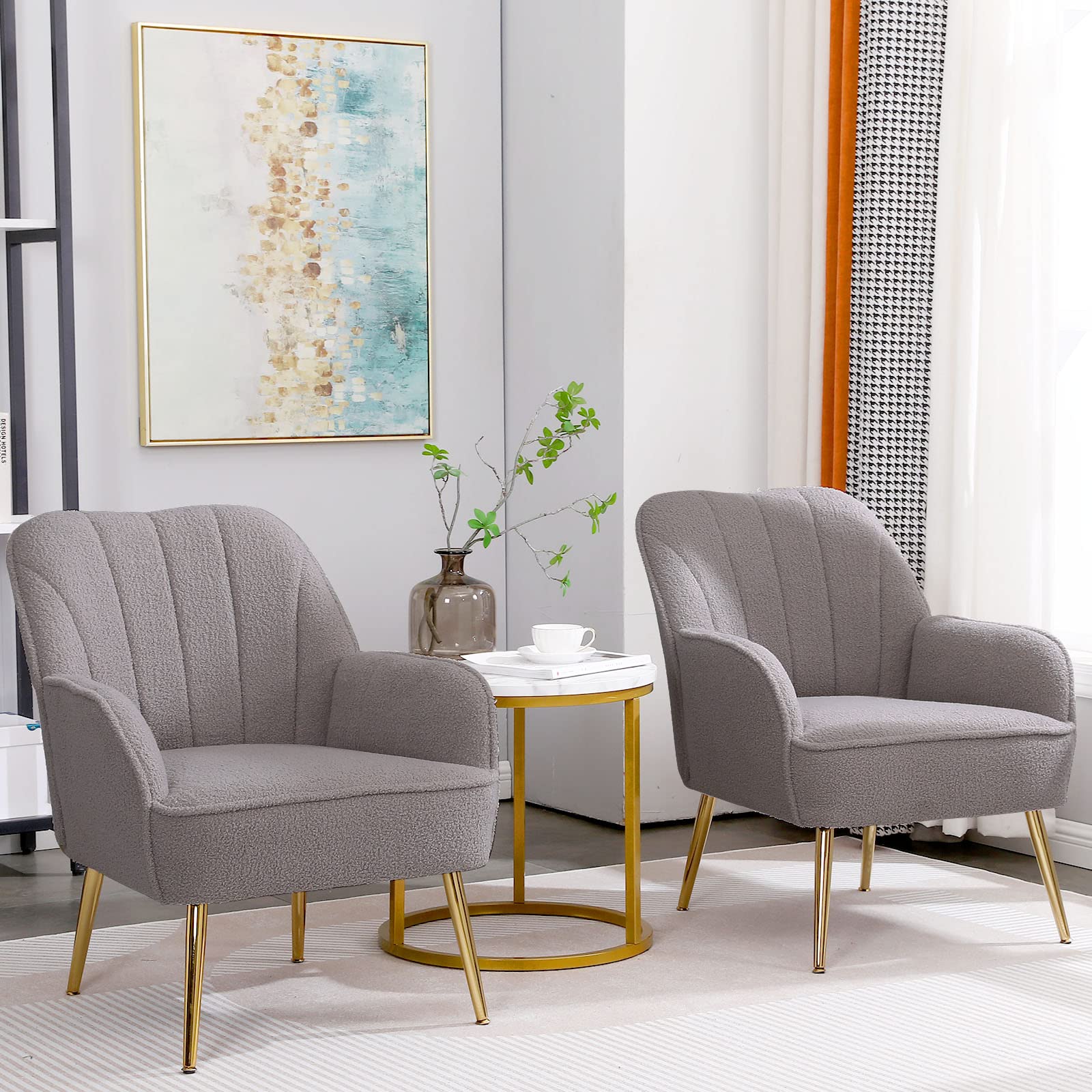 Modern Accent Chair Set of 2 - Plush Teddy Furry Upholstered Armchairs with Sherpa Fabric & Gold Metal Legs, Cozy Living Room Seating for Reading Nook, Bedroom or Home Office (Grey) - Perfect for Relaxing, Lounging & Enhancing Your Interior Decor