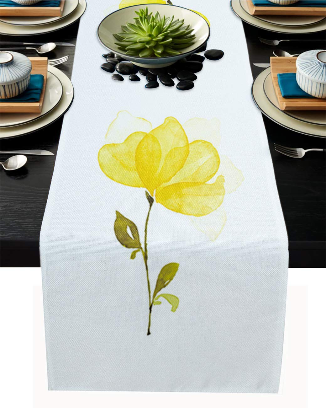 Linen Burlap Table Runner 13 x 90 Inch - Farmhouse Wedding Party Table Decor with Spring Yellow Abstract Flower Design | Perfect for Dining Tables, BBQ Gatherings & Rustic Home Decor
