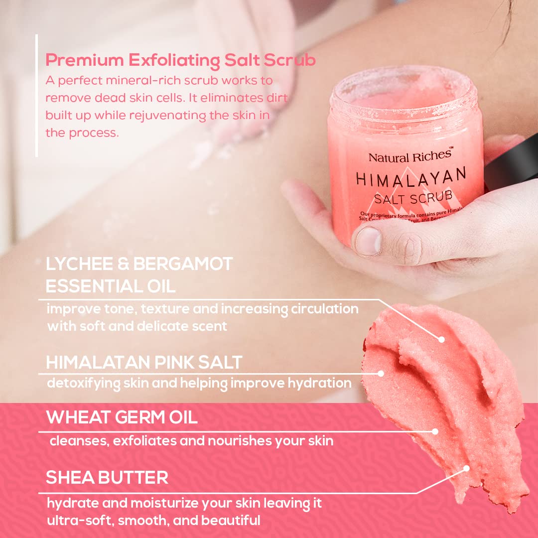 Natural Riches Himalayan Salt Exfoliating Body Scrub with Lychee Bergamot Essential Oil & Vitamin C - 12 Oz Deep Cleansing Foot & Skin Exfoliator for Moisturizing & Smoothing - Perfect for Spa Day, Dry Skin Care & At-Home Self-Care Routine