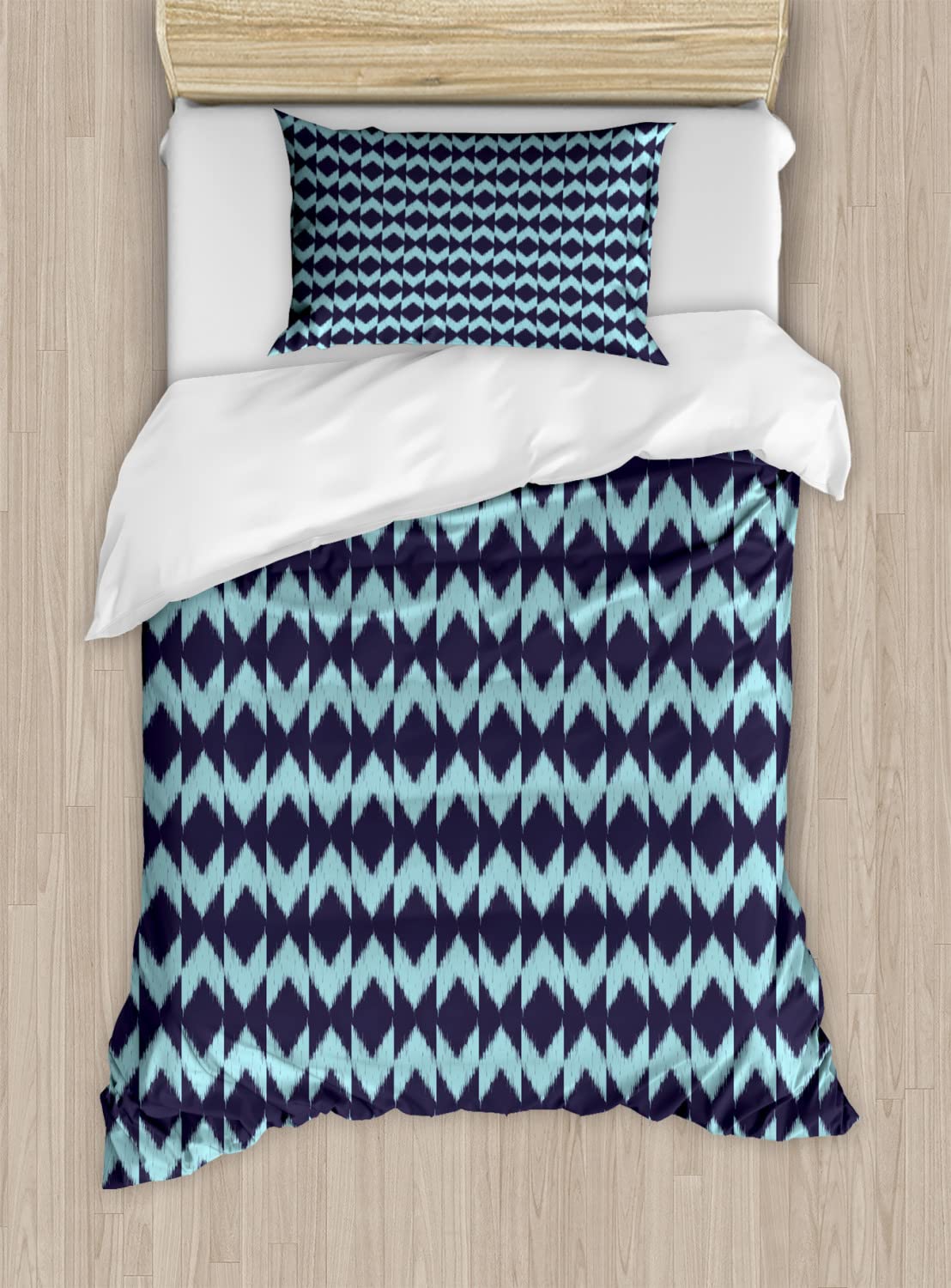 Ambesonne Navy Blue King Size Duvet Cover Set - 2 Pack Diamond Chevron Ikat Pattern Bedding with 4 Pillowcases, Eggplant & Turquoise - Perfect for Modern Bedroom Decor & Guest Room Styling