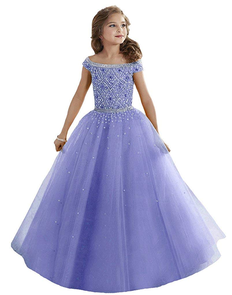 **Elegant Beaded Tulle Flower Girl Dresses for Weddings & Pageants – Long Lilac Ball Gown for Girls Size 8 – Perfect for Bridal Parties, Special Occasions & Photoshoots**