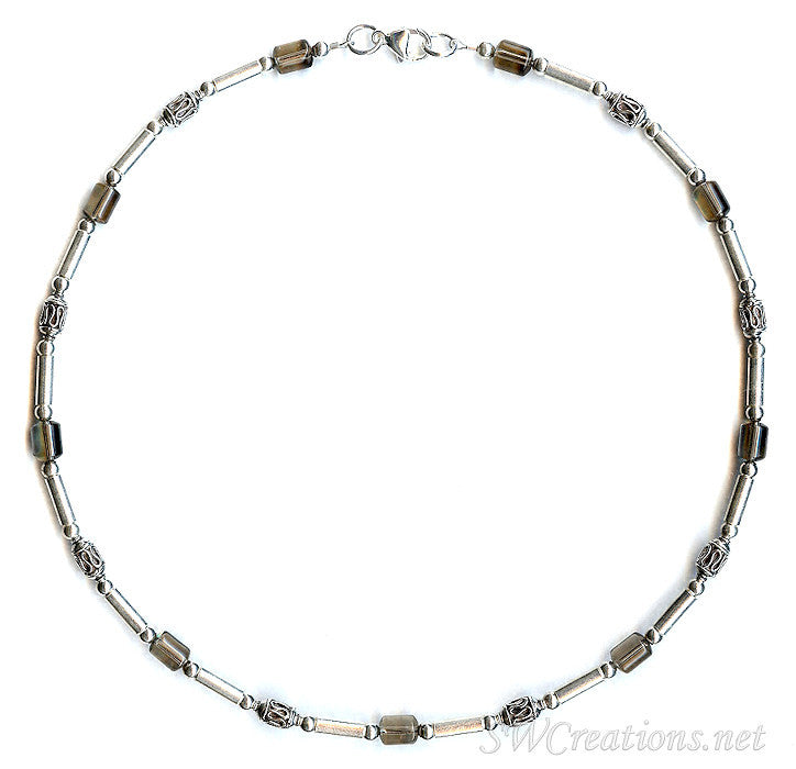 Smokey Quartz Gemstone Silver Men's Beaded Necklace - Handmade Spiritual Jewelry for Meditation, Yoga & Energy Healing