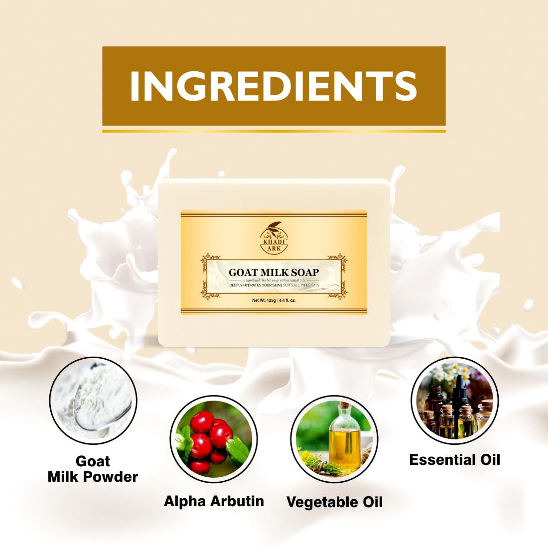 Khadi Ark Natural Goat Milk Bath Soap for Glowing Skin - Pack of 3 (125g Each, 375g Total) | Moisturizing & Nourishing Bar Soap for Dry & Sensitive Skin | Perfect for Daily Skincare Routine & Spa Day at Home