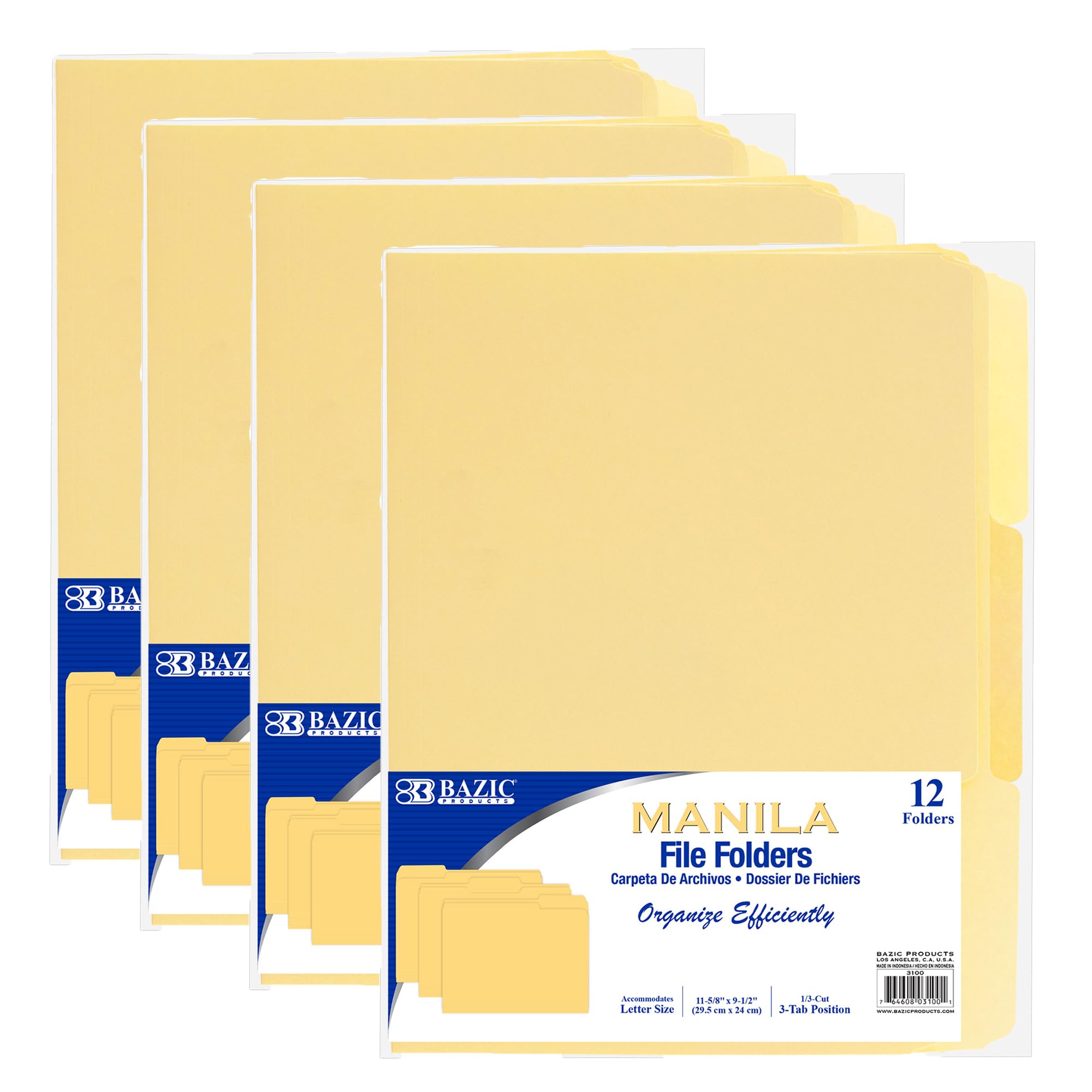 BAZIC 1/3 Cut Manila File Folders - Letter Size (48-Pack) with Left, Right & Center Tabs for Office Document Organization | Perfect for Filing, School Projects & Home Office Storage
