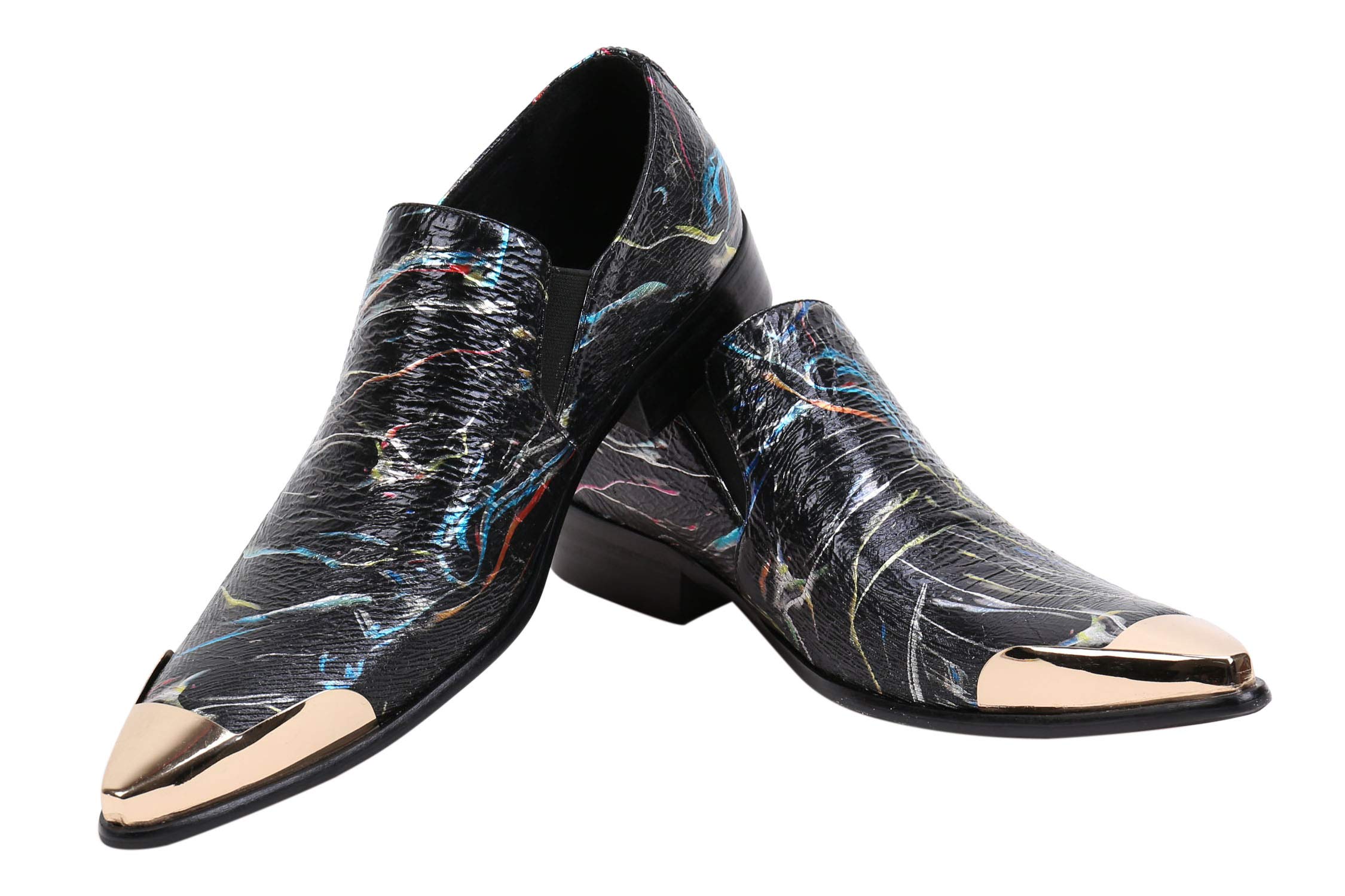Santimon Men's Leather Loafers - Pointed Toe Western Dress Shoes with Fashion Print & Metal Tip for Casual & Business Occasions