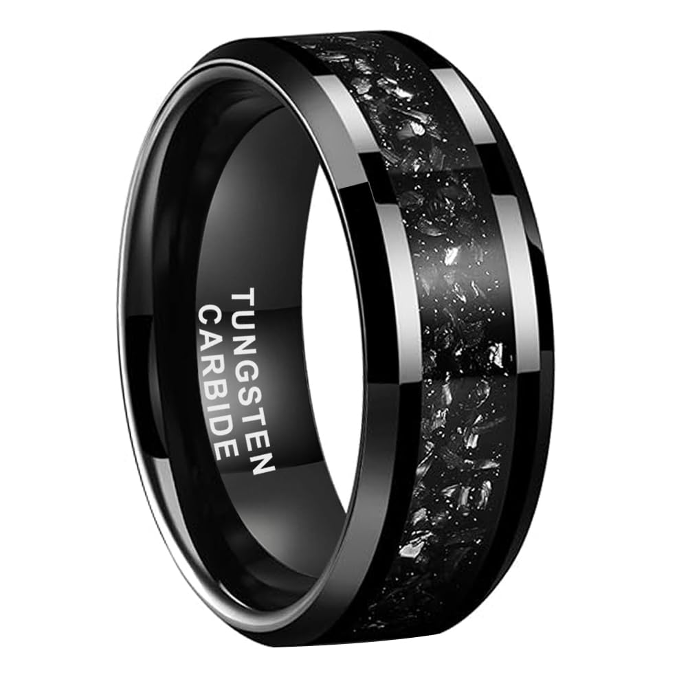 6mm & 8mm Silver and Black Tungsten Rings for Men and Women - Meteorite Inlay Wedding Bands, Promise & Engagement Rings with Beveled Edges, Polished Shiny Finish, Comfort Fit - Perfect for Anniversaries, Proposals and Everyday Wear