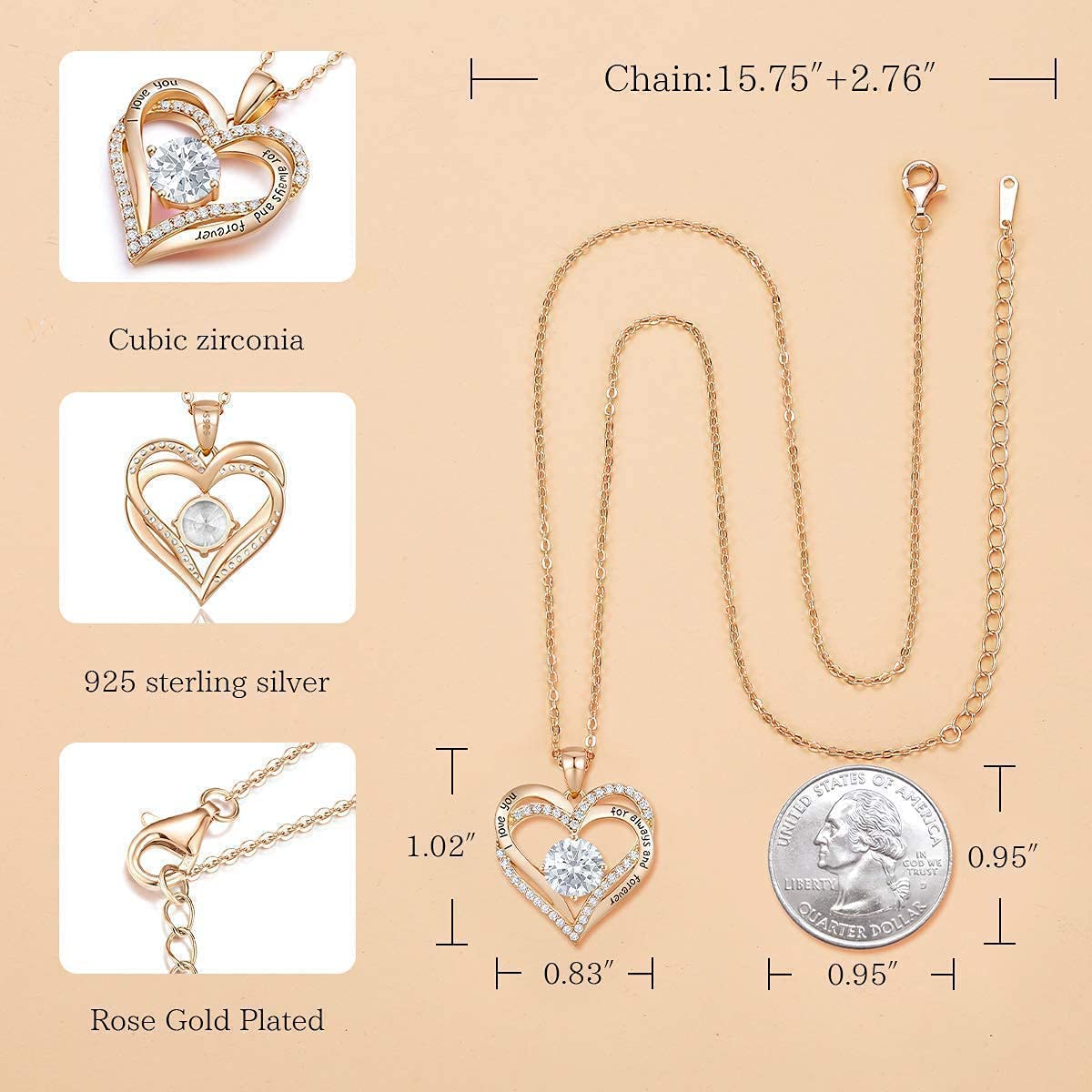 Forever Love Heart Necklace & Earrings Set - 925 Sterling Silver Rose Gold Plated Birthstone Jewelry for Women with 5A Cubic Zirconia | Valentine's Day Gift, Anniversary Present, Birthday Jewelry Set for Her | Perfect for Romantic Occasions, Date Nights and Special Celebrations