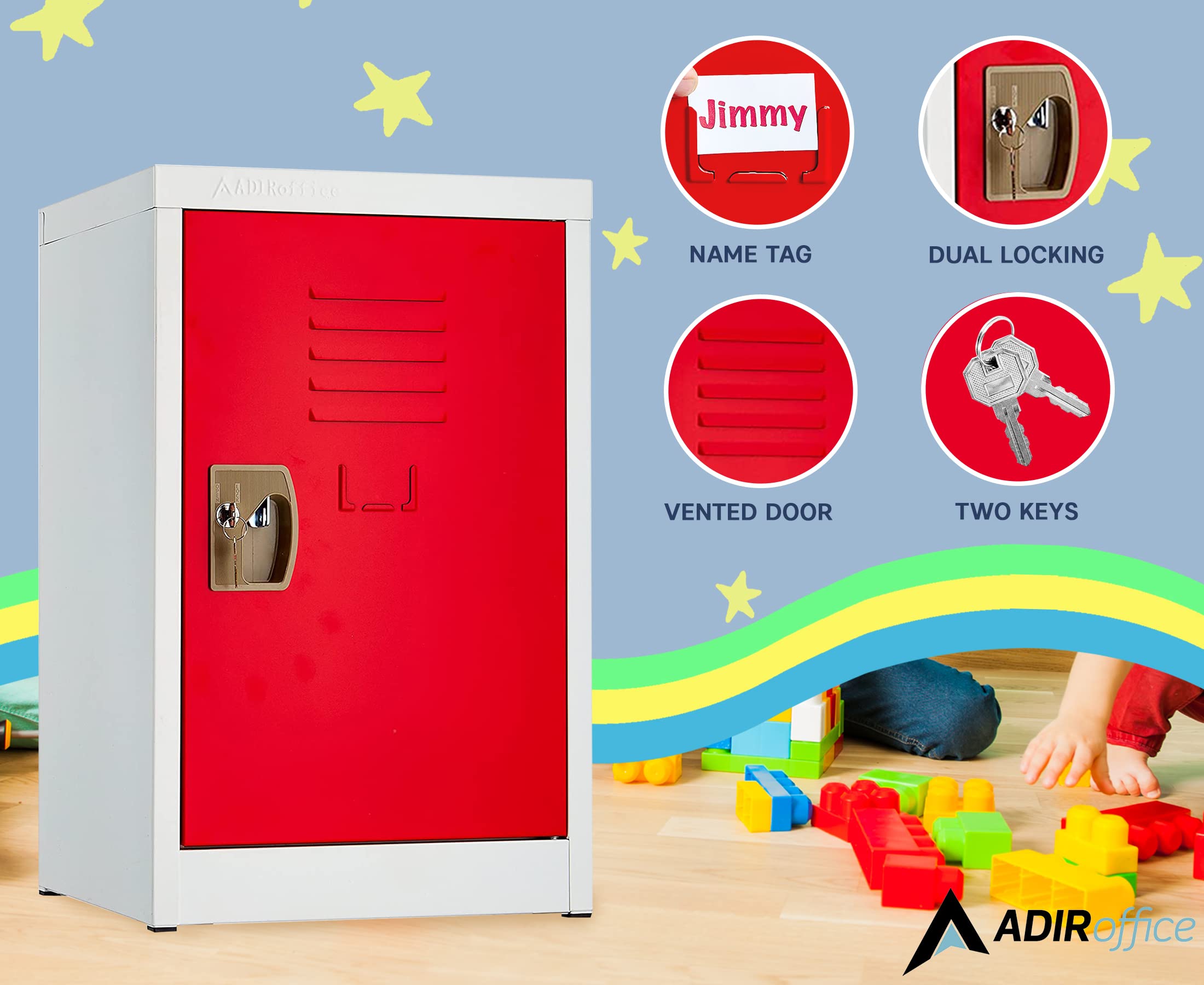 AdirOffice Kids Steel Metal Storage Locker - Heavy Duty School Locker with Key & Hanging Rods for Home, Gym & Classroom Organization | Perfect for Backpacks, Sports Gear & Clothes Storage