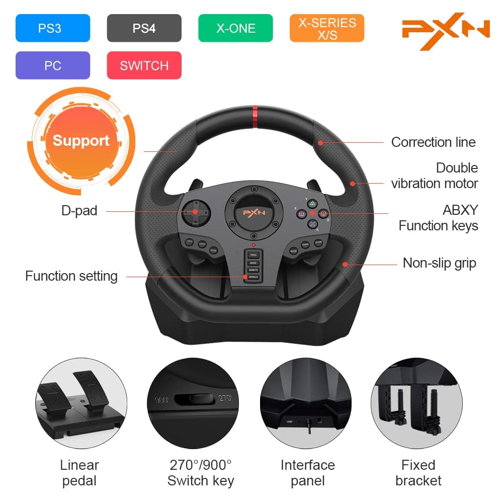 PXN V900 Gaming Steering Wheel - 270°/900° Adjustable Racing Wheel with Pedals & Paddle Shifters, Force Feedback for Xbox One, Series X/S, PS4, PS3, PC, Nintendo Switch & Android TV - Perfect for Simulation Racing & Gaming Enthusiasts
