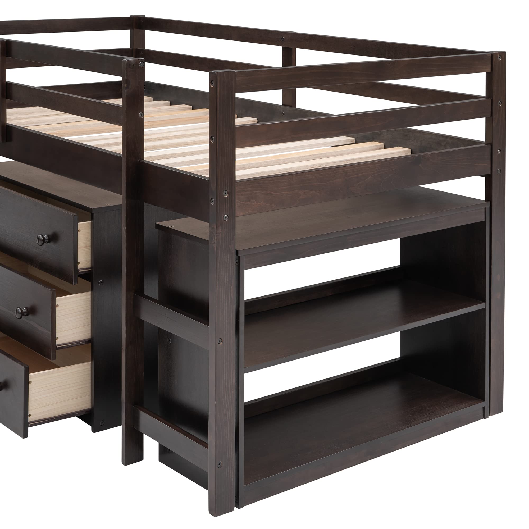 P PURLOVE Twin Size Wooden Loft Bed with Rolling Desk & Cabinet - Space Saving Study Bunk Bed Frame for Kids Bedroom, Living Room (Espresso Finish) - Perfect for Small Spaces, Dorm Rooms & Sleepovers