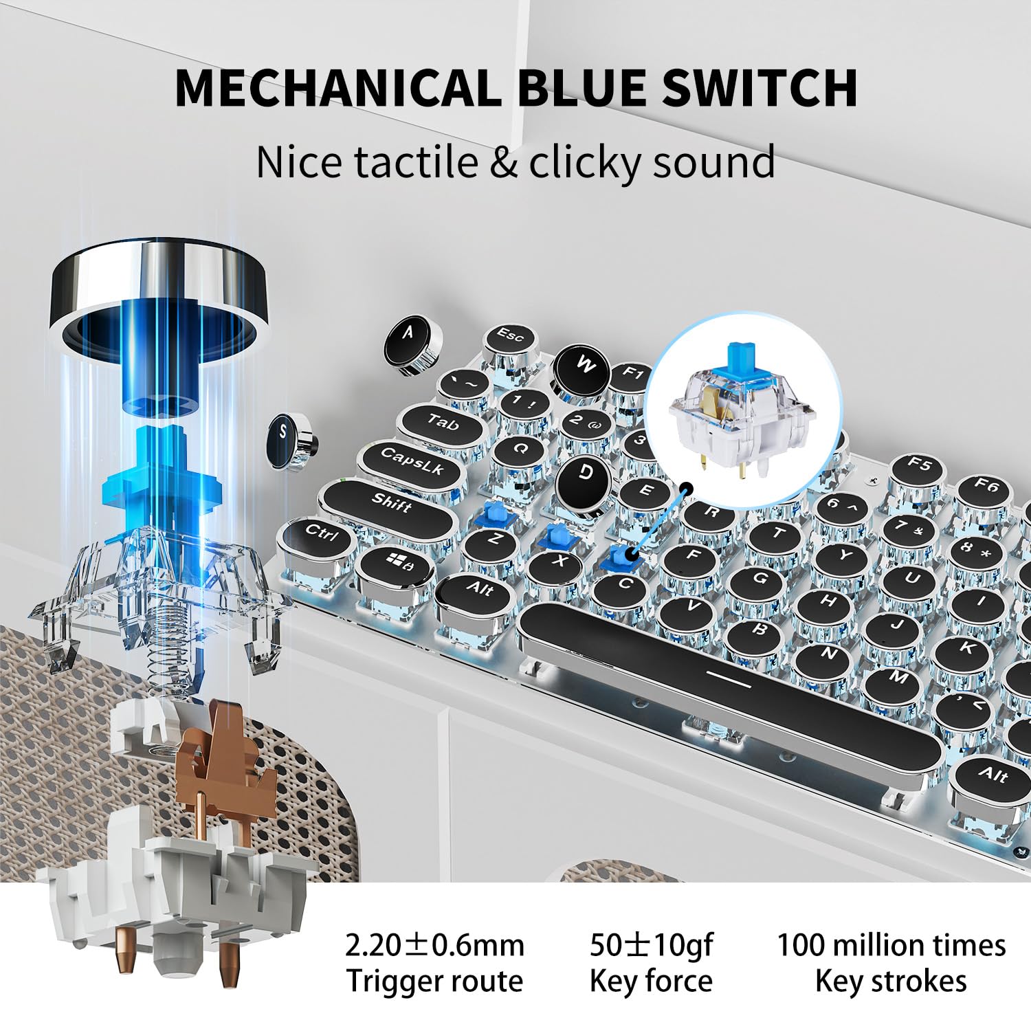 EWEADN TK950 Wireless Mechanical Keyboard - 104 Keys Retro Typewriter Design with Blue Backlit, Anti-Ghosting, Blue Switch (Bluetooth/2.4GHz/Wired) - Perfect for Typing, Gaming & Office Work - Black