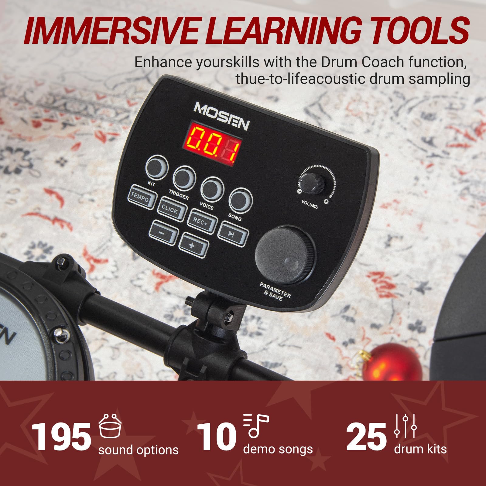 MOSEN MED-X3 Electric Drum Set - 4 Quiet Mesh Drum Pads, Cymbals, Drum Sticks, Headphones, USB MIDI, Kick Pedal - 195+ Sounds & 25 Drum Kits for Beginners - Perfect for Home Practice, Studio Recording & Silent Drumming Sessions