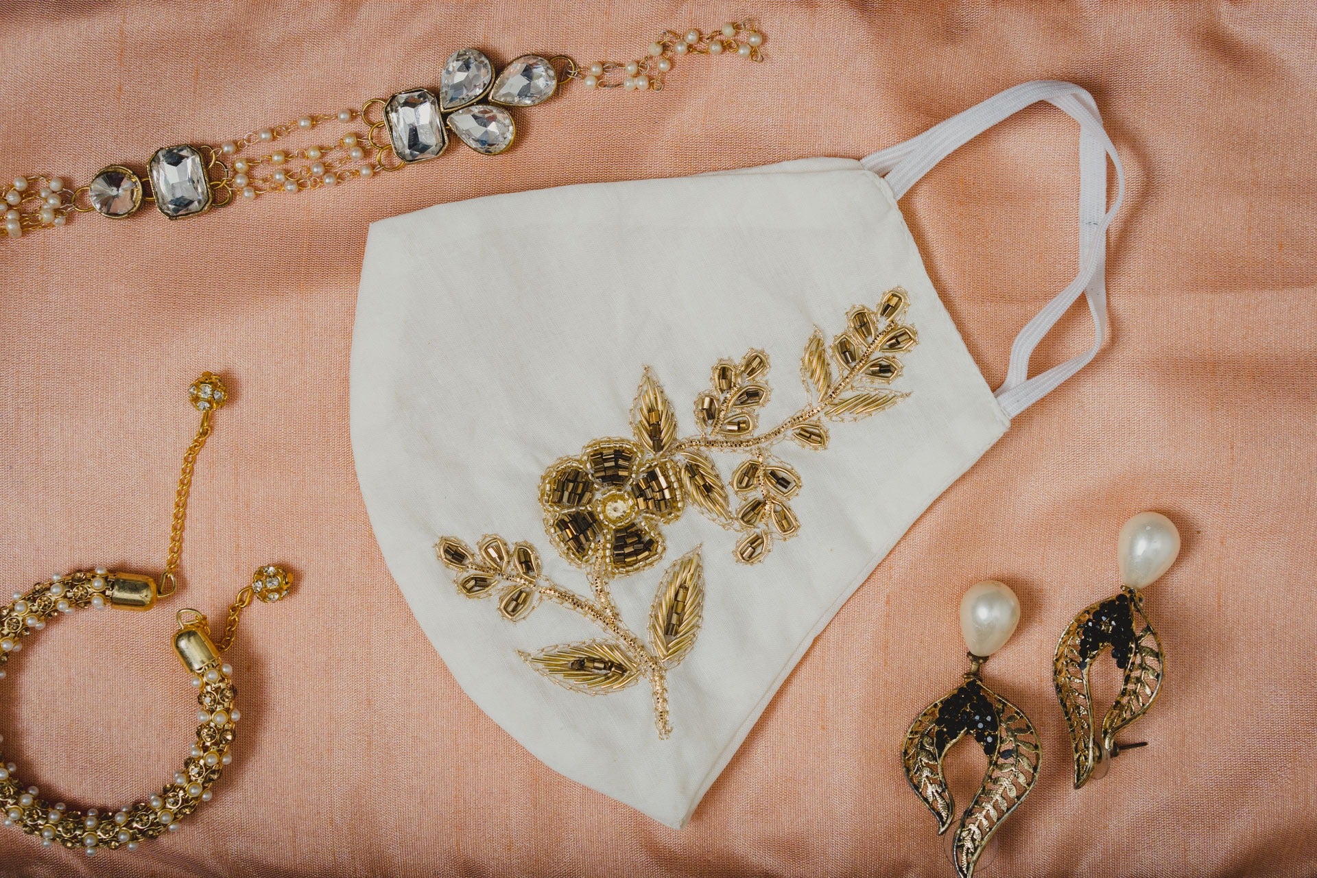 Floral Embroidered Cotton Face Mask - Soft & Breathable Cream Fabric for Daily Wear, Travel & Outdoor Activities