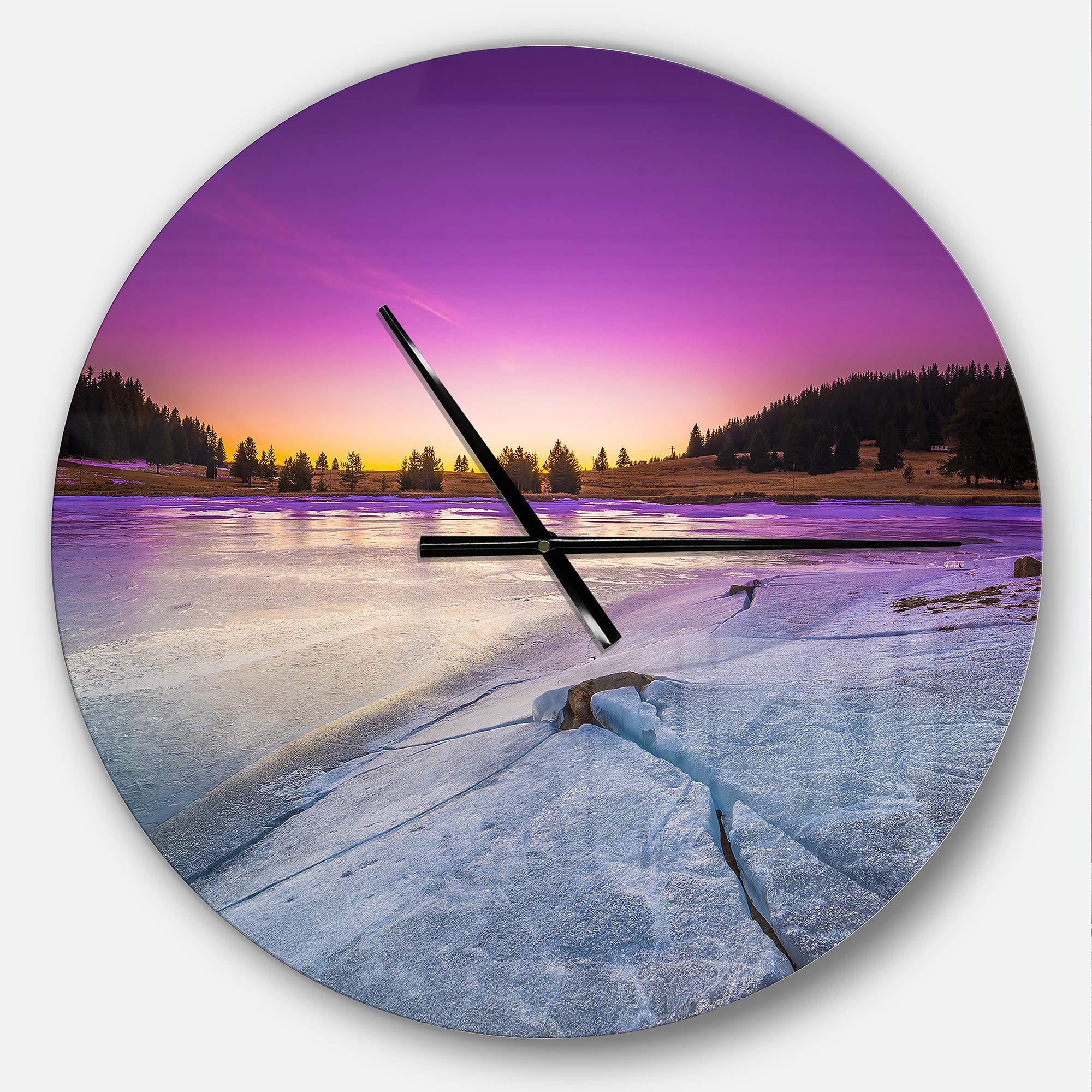 Designart Sunrise Over Frozen Lake Modern Round Wall Clock - Contemporary Metal Wall Art for Home, Living Room, Bedroom & Office Decor | Perfect for Nature Lovers & Winter-Themed Interiors