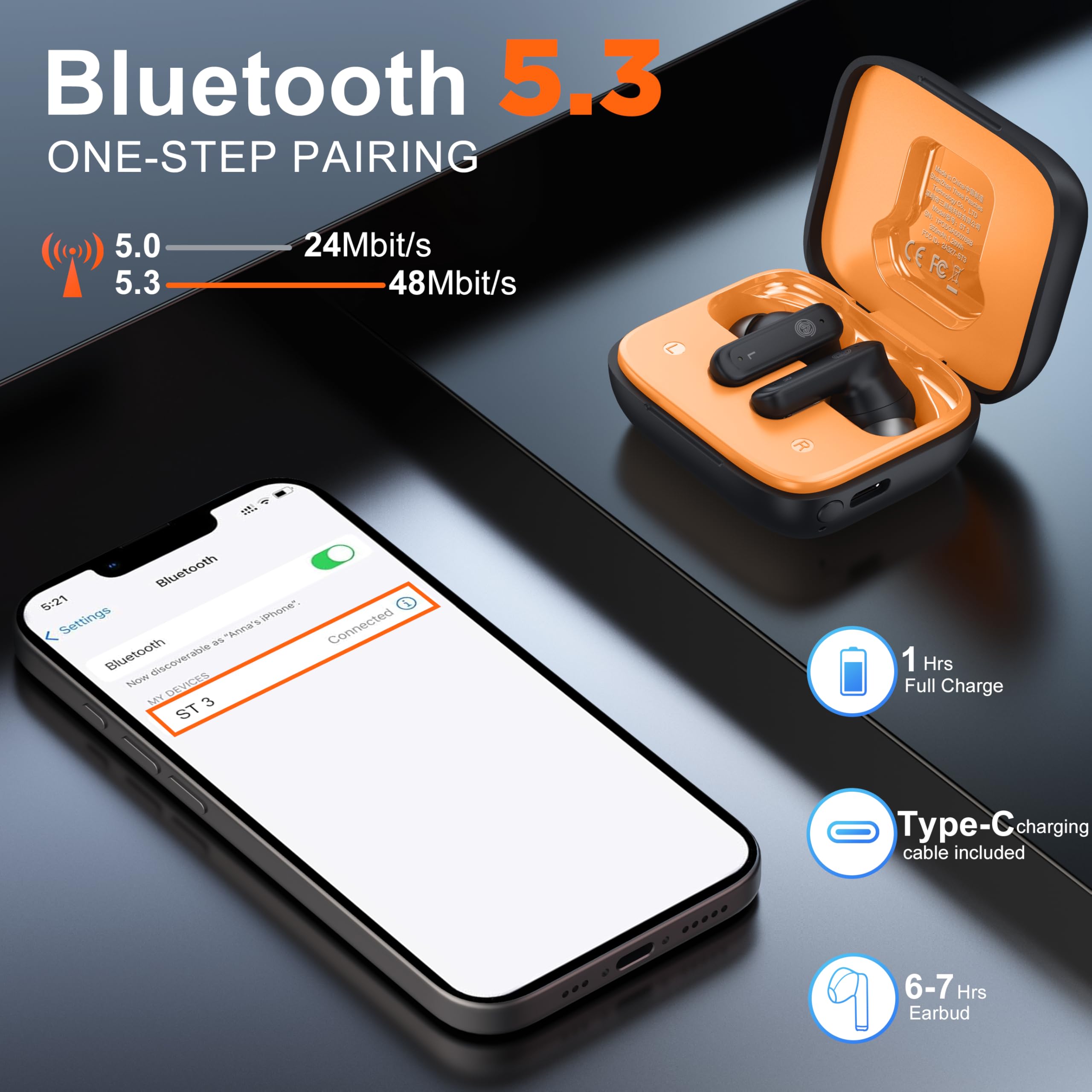 THREE PEACHES Wireless Earbuds with ANC & ENC, Touch Control Bluetooth 5.0 Earbuds, LED Display Gaming Headphones for Workout, Travel & Online Meetings - Perfect for Gym, Commuting & Remote Work