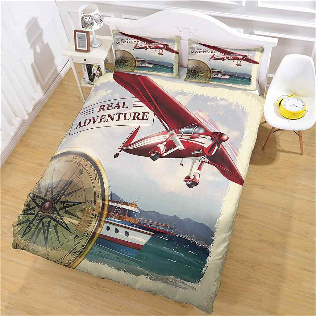 Premium Queen Duvet Cover Set 90x90 Inches - Modern Red Airplane & Yacht Design, Soft Microfiber Comforter Cover with Zipper Closure & Corner Ties + 2 Pillow Shams | Luxury Bedding for Master Bedroom, Guest Room & Vacation Homes