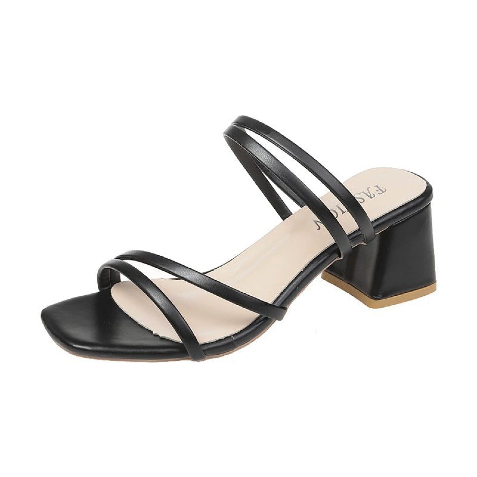 Women's Elegant Square Open Toe Heeled Sandals - Block Mid Heel Dress Pumps - Slip On Backless Slide Sandals for Wedding, Party & Evening Occasions