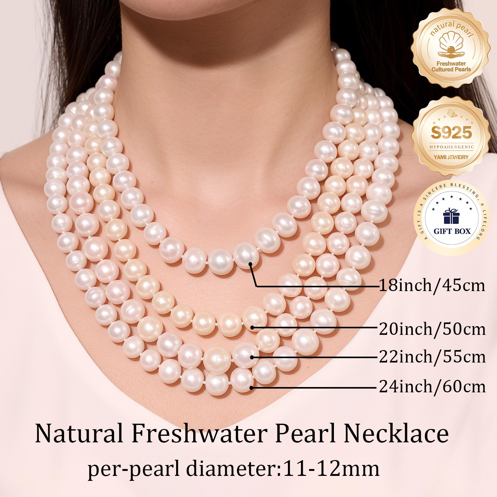 11-12mm Natural White Freshwater Pearl Necklace for Women - 18/20/22/24 Inch Genuine Cultured Pearls with 925 Sterling Silver Clasp - Elegant Jewelry Gift for Mom, Grandmother - Perfect for Weddings, Anniversaries & Special Occasions
