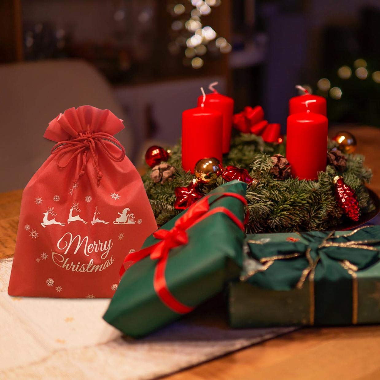 TIENO Christmas Drawstring Gift Bags - 6 Pack Red Holiday Bags 11.8x15.7 Inches for Christmas Presents, Party Favors & Stocking Stuffers