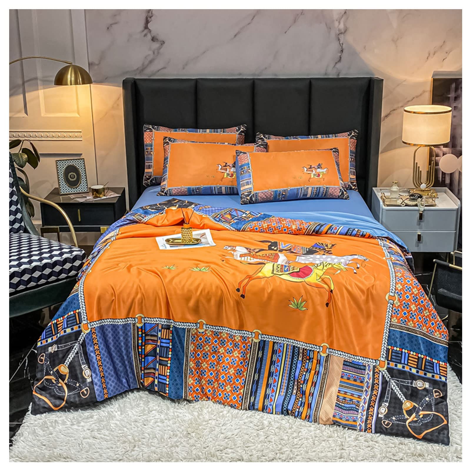 Luxury Printed Tencel Summer Quilt Set - 4 Piece Breathable Air Conditioning Bedding Set | Washable Silk-Like Cooling Comforter for Bedroom Decor | Perfect for Hot Sleepers & Summer Nights