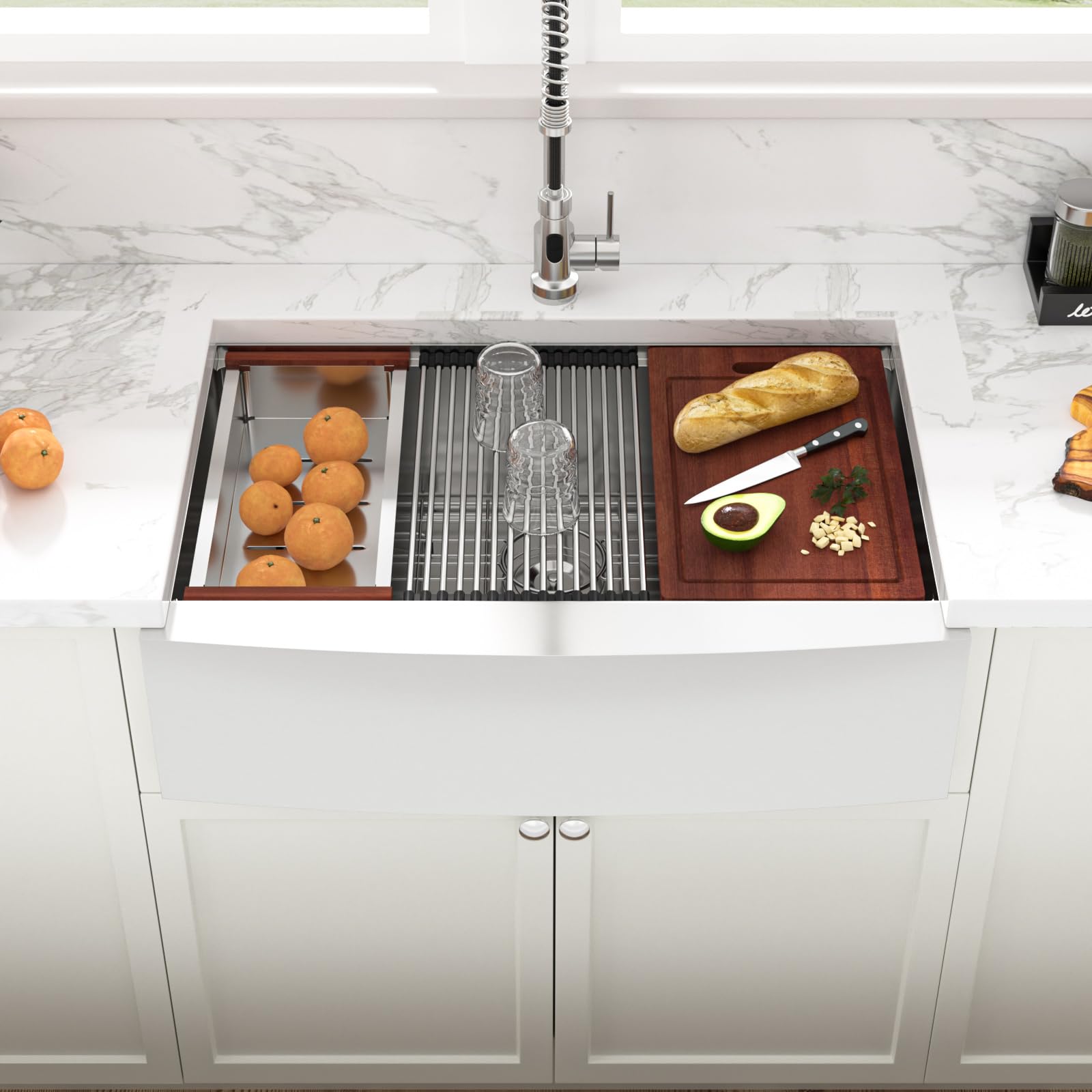 Sarlai 30 Inch Farmhouse Kitchen Sink - 16 Gauge Stainless Steel Single Bowl Apron Front Sink with Ledge Workstation (30