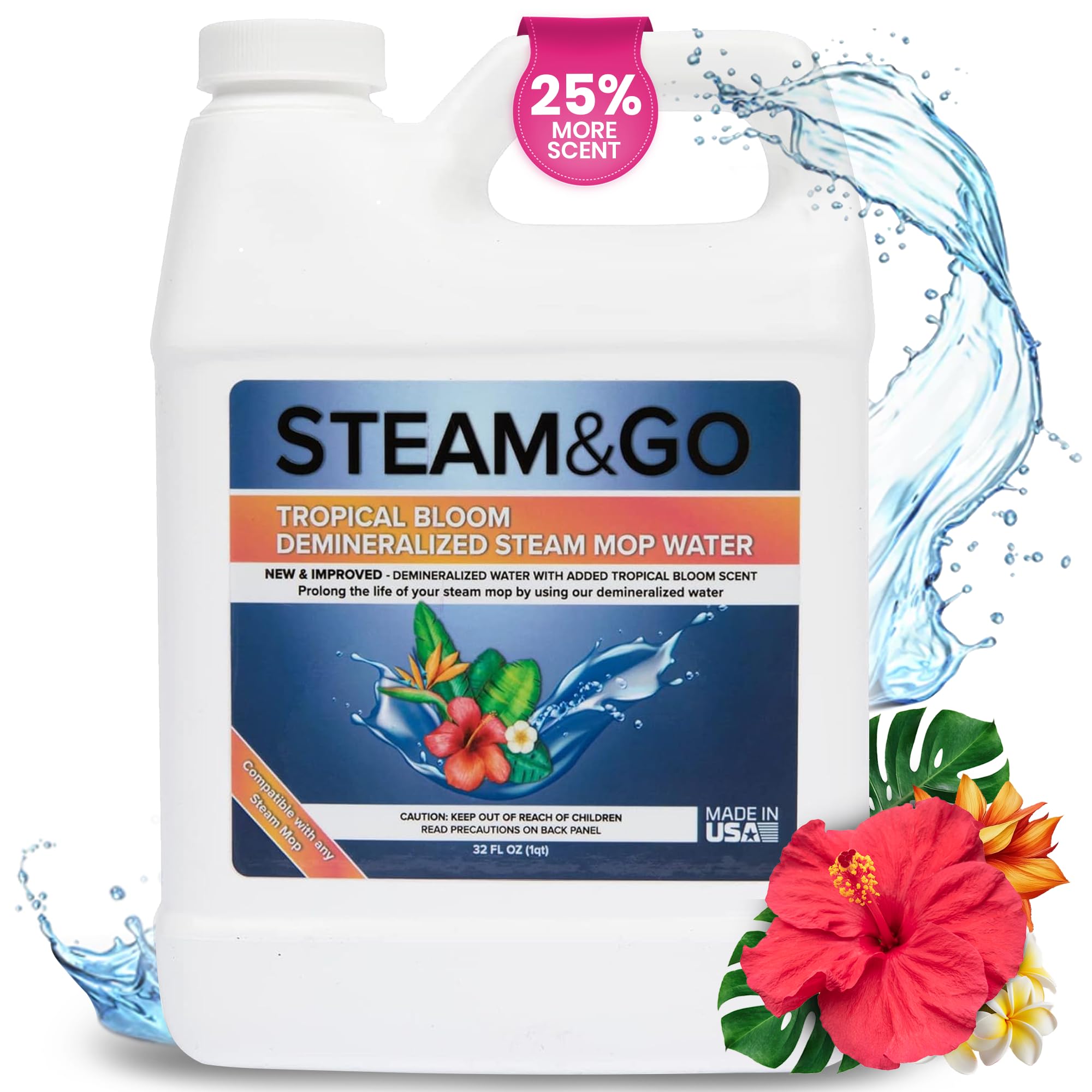 Steam & Go Demineralized Water for Steam Mops - PVC-Free Floor Cleaner Solution (32 oz, Tropical Bloom Scent) | Ready-to-Use Multi-Surface Cleaner for Hardwood, Tile & Laminate | Compatible with All Steam Mop Brands | Perfect for Daily Floor Cleaning & Sanitizing