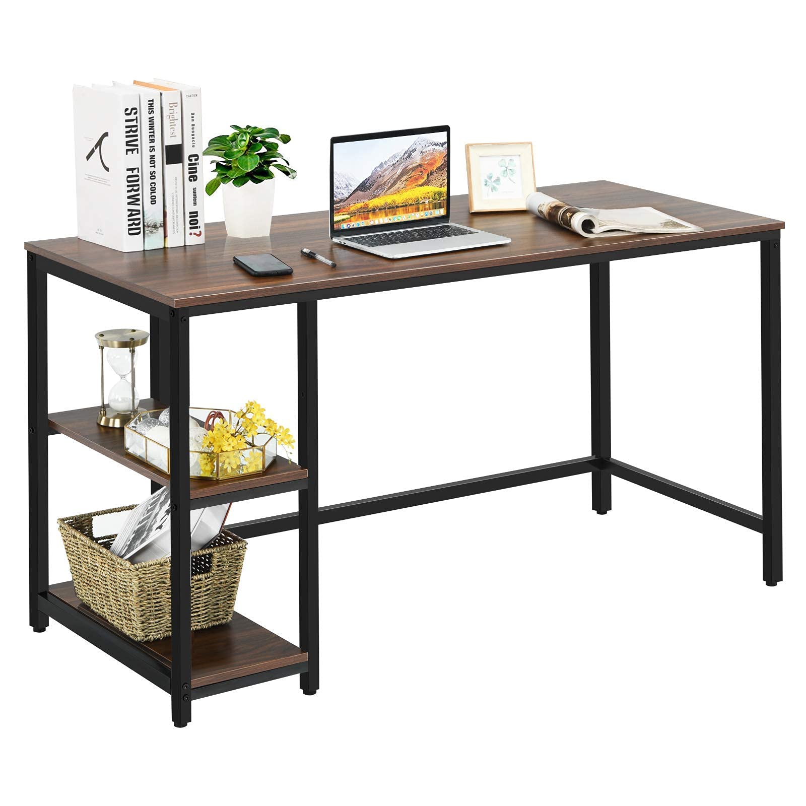 Tangkula Industrial Home Office Computer Desk with 2 Storage Shelves - Sturdy Metal Frame Writing Workstation for Study, Laptop & PC (Coffee Brown) - Perfect for Small Spaces, Dorm Rooms & Modern Workspaces