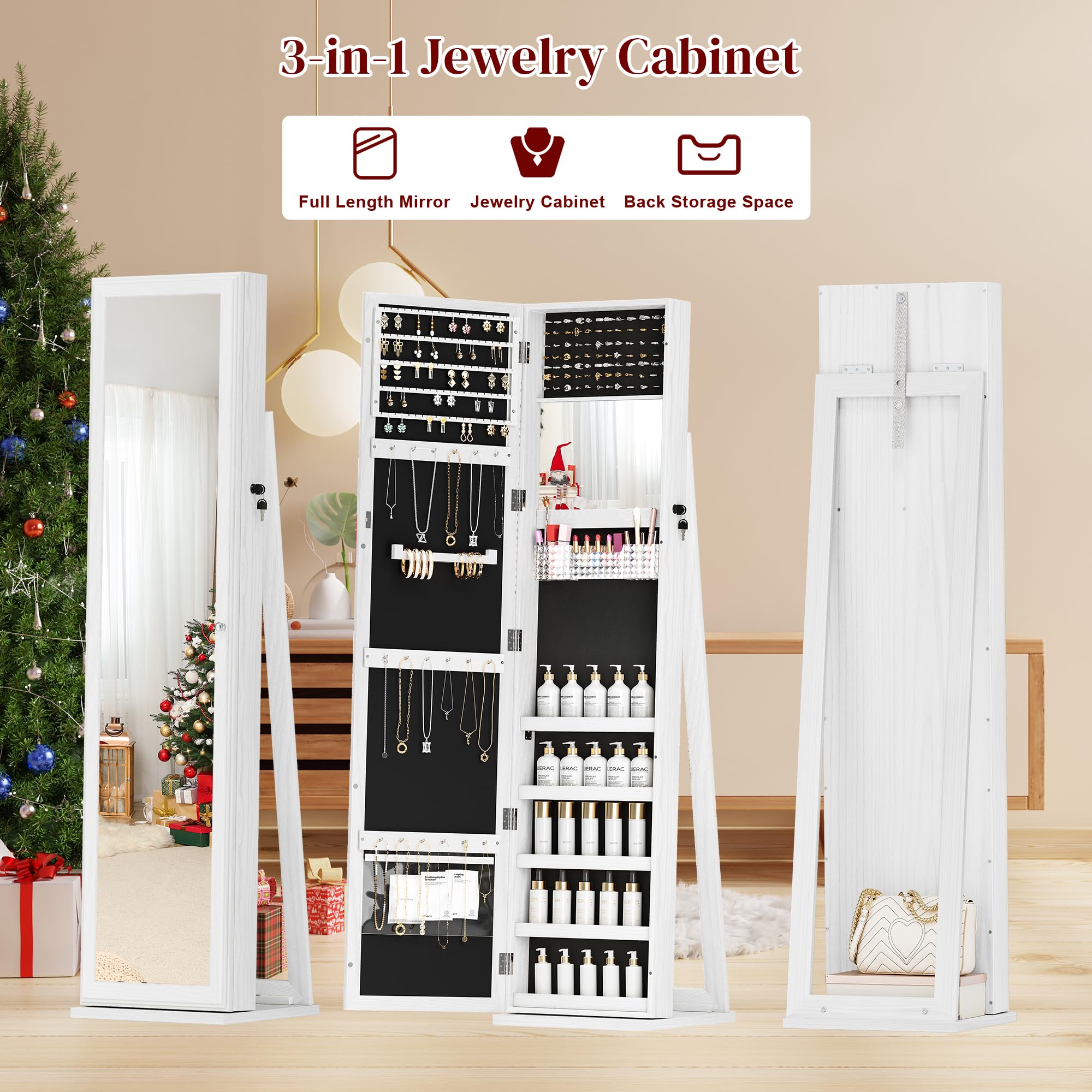 Full Length Mirror Jewelry Cabinet with Lock - Standing Jewelry Armoire Organizer for Women & Girls, White - Perfect for Bedroom, Closet & Dressing Room Storage