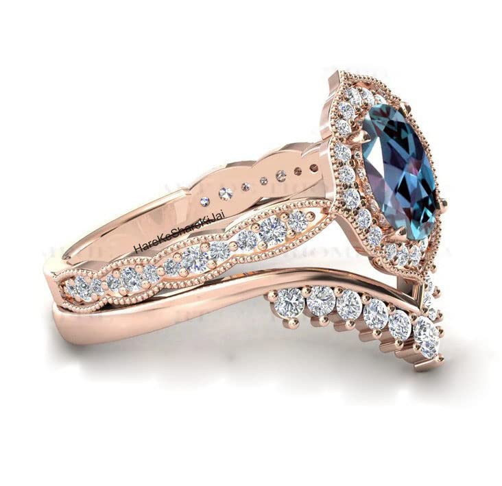 Exquisite Alexandrite Engagement Ring Set for Women - Solid 925 Sterling Silver Wedding Band Set (Him & Her) | Vintage Art Deco Style Jewelry for Anniversaries, Proposals & Special Occasions