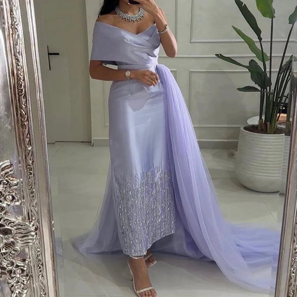 Serene Hill Sage Green Satin One Shoulder Beaded Mermaid Tea Length Evening Gown for Women - Wedding Party Guest Dress, Prom, Cocktail, Formal Events - LA72194