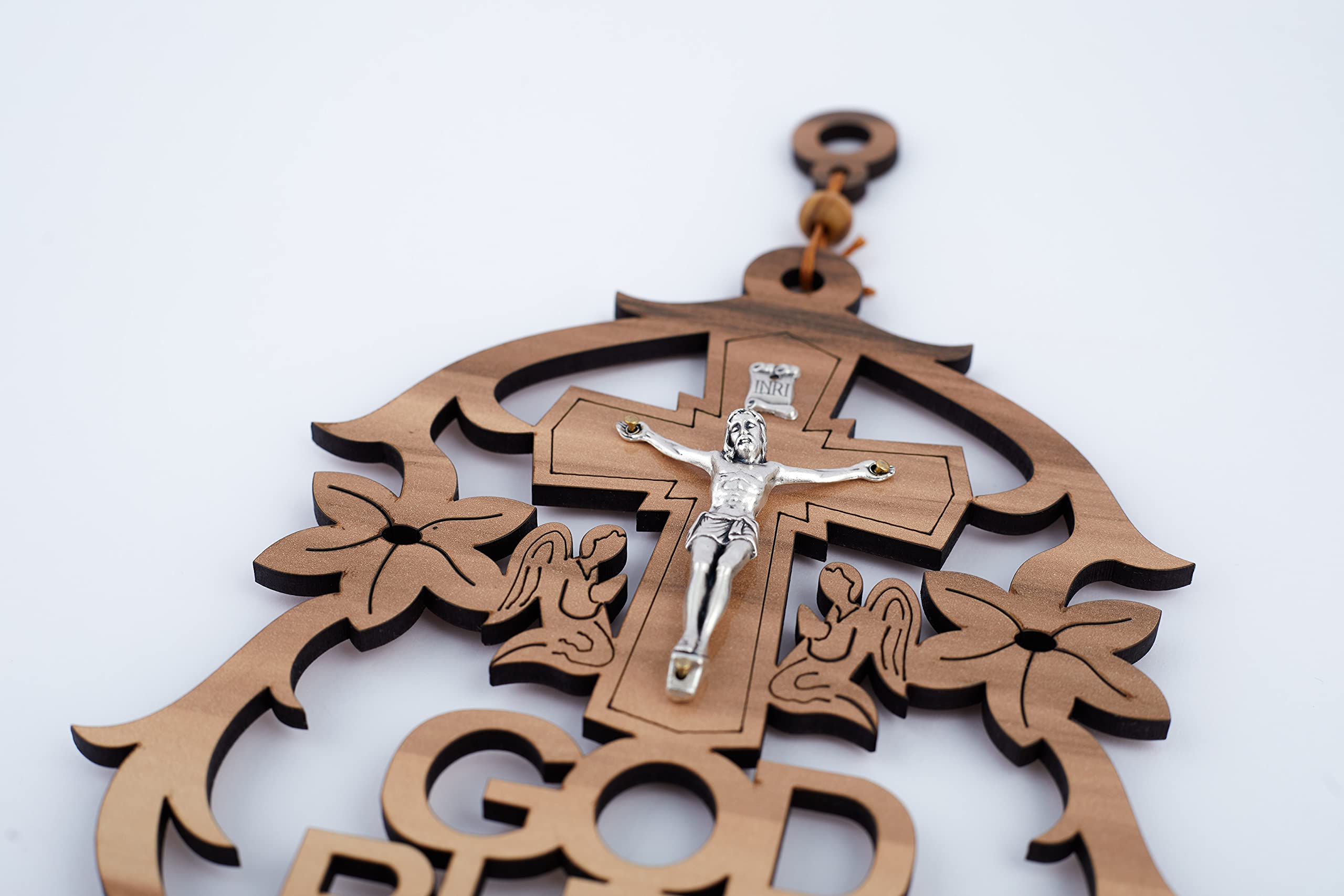 Wooden 'God Bless Our Home' Plaque with Crucifix Cross (7.2 Inch) - Handcrafted Religious Home Decor from Israel - Perfect for Wall Display in Living Room, Bedroom or Entryway
