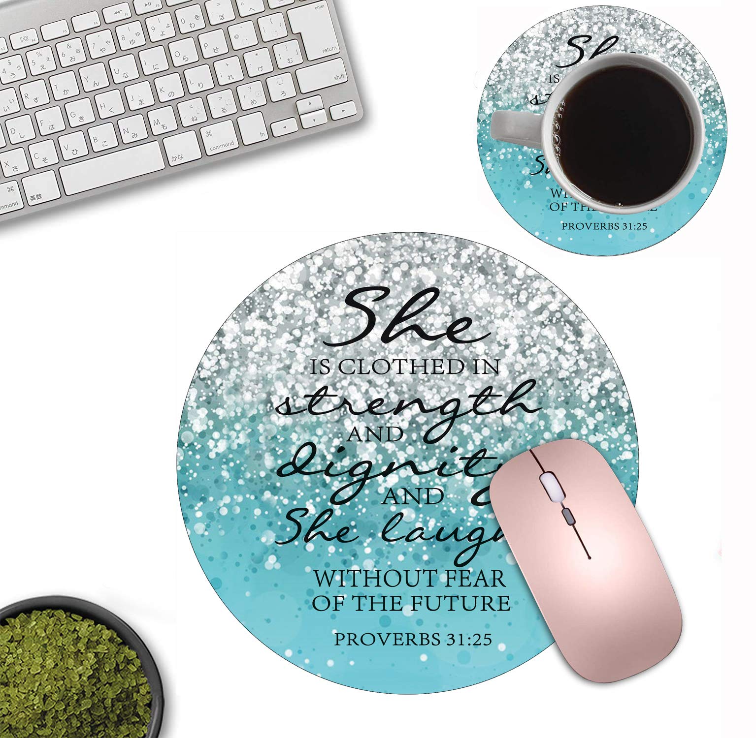 Blue Glitter Round Mouse Pad & Coasters Set with Christian Bible Verse Proverbs 31:25 Design - Non-Slip Rubber Base for Laptop, Computer, Office & Home Decor