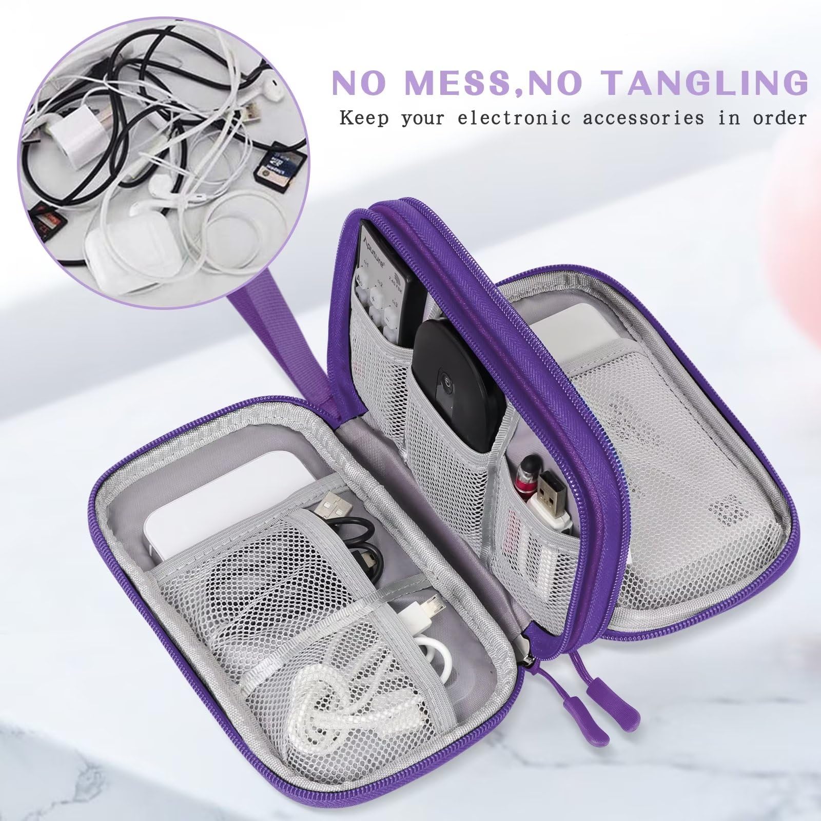 FYY Electronic Organizer Bag - Waterproof Travel Cable Organizer Pouch with Double Layers for Charger, Phone, Earphone & Accessories - Purple | Perfect for Travel, Office & Home Storage