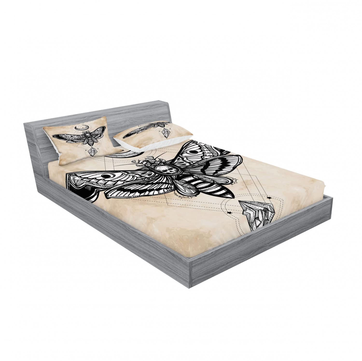 Ambesonne 2-Piece Fantasy Bedding Set - Hawk Moth Skull Magic Design, Full Size Fitted Sheet & 4 Pillow Shams, Black White Cream Gothic Decor for Bedroom, Perfect for Halloween & Dark Theme Room Decor