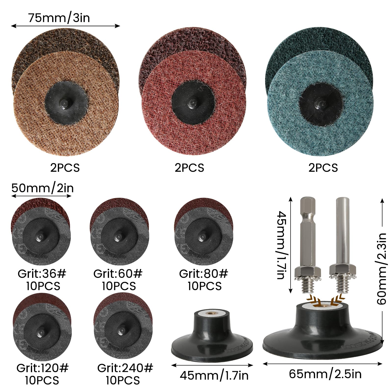60Pcs 2 & 3 Inch Quick Change Sanding Discs Set with 1/4