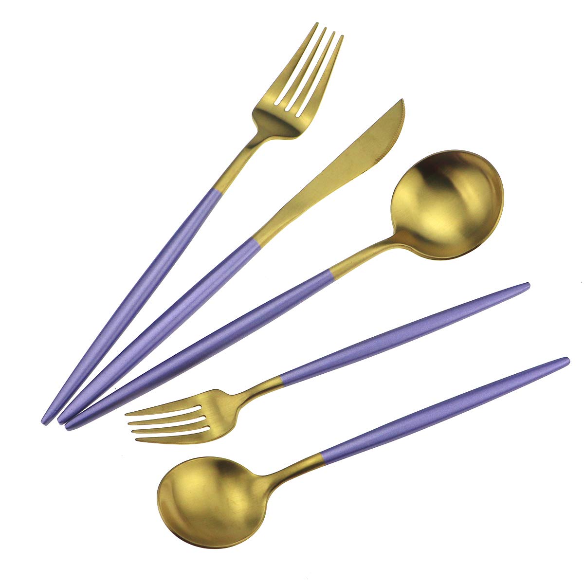 Gugrida 5-Piece Purple Gold Flatware Set - 18/10 Stainless Steel Cutlery with Matte Purple Handle (Fork, Spoon, Knife) - Elegant Dinnerware for Home, Camping & Travel - Durable Silverware for Everyday Use & Outdoor Adventures