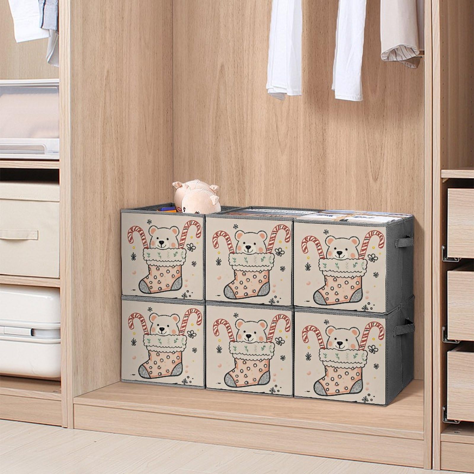6-Pack Foldable Storage Bins with Bear Print - Large Capacity Fabric Storage Boxes with Handles for Home Organization, Playroom, Office & Closet - Perfect for Toys, Books & Clothes Storage