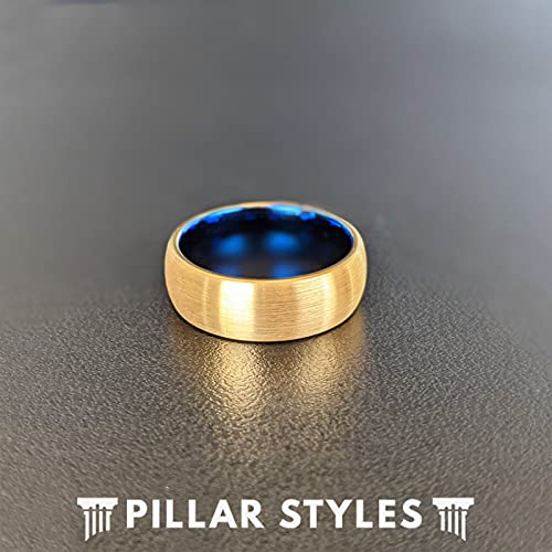14K Yellow Gold Tungsten Men's Wedding Band with Blue Interior - 8mm Comfort Fit Ring for Him, Unique Promise & Anniversary Gift - Perfect for Engagements, Weddings & Special Occasions