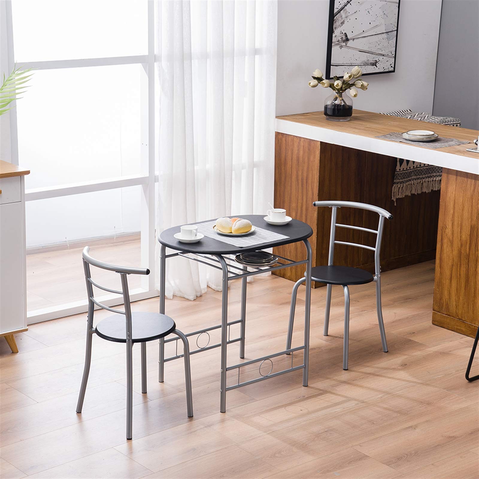 Modern Black Wood 3-Piece Dining Table Set with 2 Stools - Contemporary Kitchen Breakfast Table for Small Spaces, Apartments, and Compact Homes