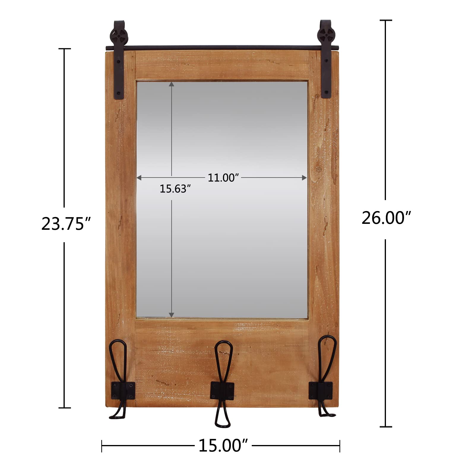 Rustic Wood Framed Wall Mirror with Hooks - 15