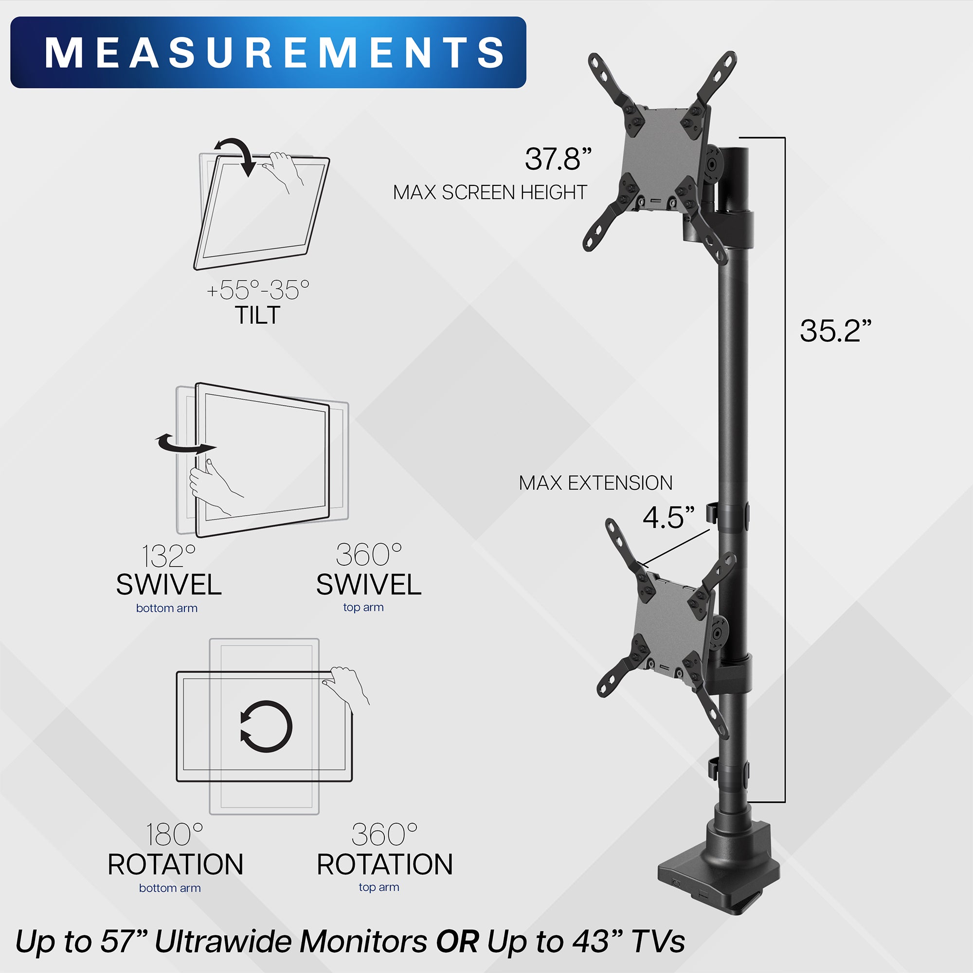 Dual Ultrawide Vertical Monitor Desk Mount Stand - Adjustable Ergonomic VESA Compatible for 13-32 inch Screens - Perfect for Home Office, Gaming & Productivity Setup