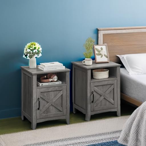 VASAGLE Farmhouse Nightstand with Barn Door - Set of 2, Rustic Bedside Table with Storage Shelf & Open Compartment, End Table for Bedroom, Living Room or Office - Misty Gray ULET809G68 | Perfect for Small Spaces & Home Decor