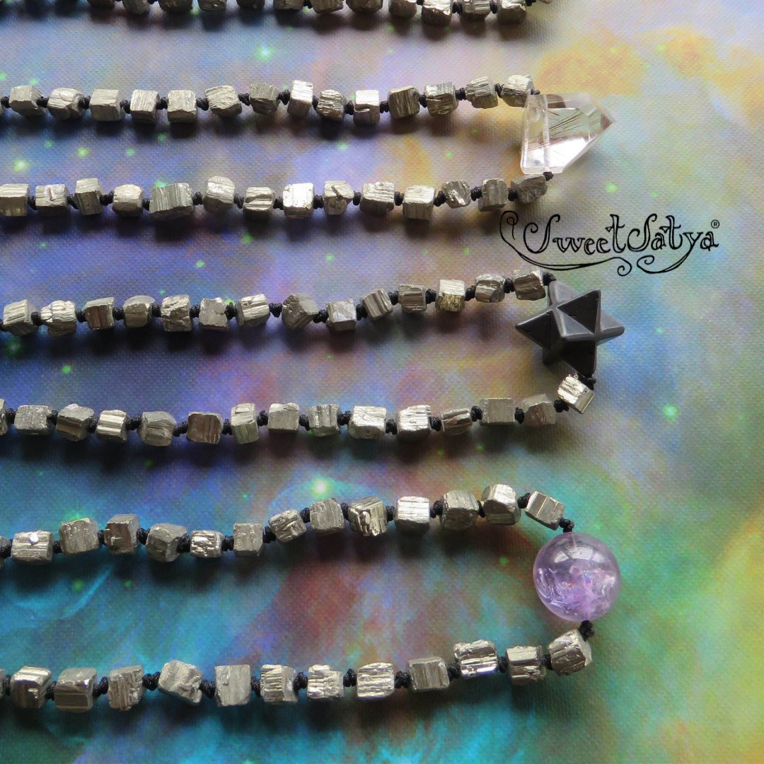 Natural Amethyst and Pyrite Mala Beads - 108 Healing Meditation Prayer Beads for Yoga, Chakra Balancing & Spiritual Protection