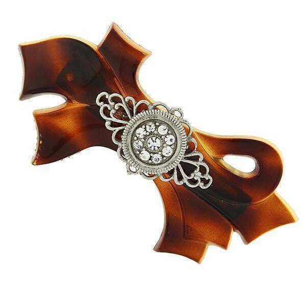Vintage 1928 Jewelry Brown Tortoise Hair Barrette with Filigree & Crystal Accent Bow - Perfect for Weddings, Parties & Special Occasions