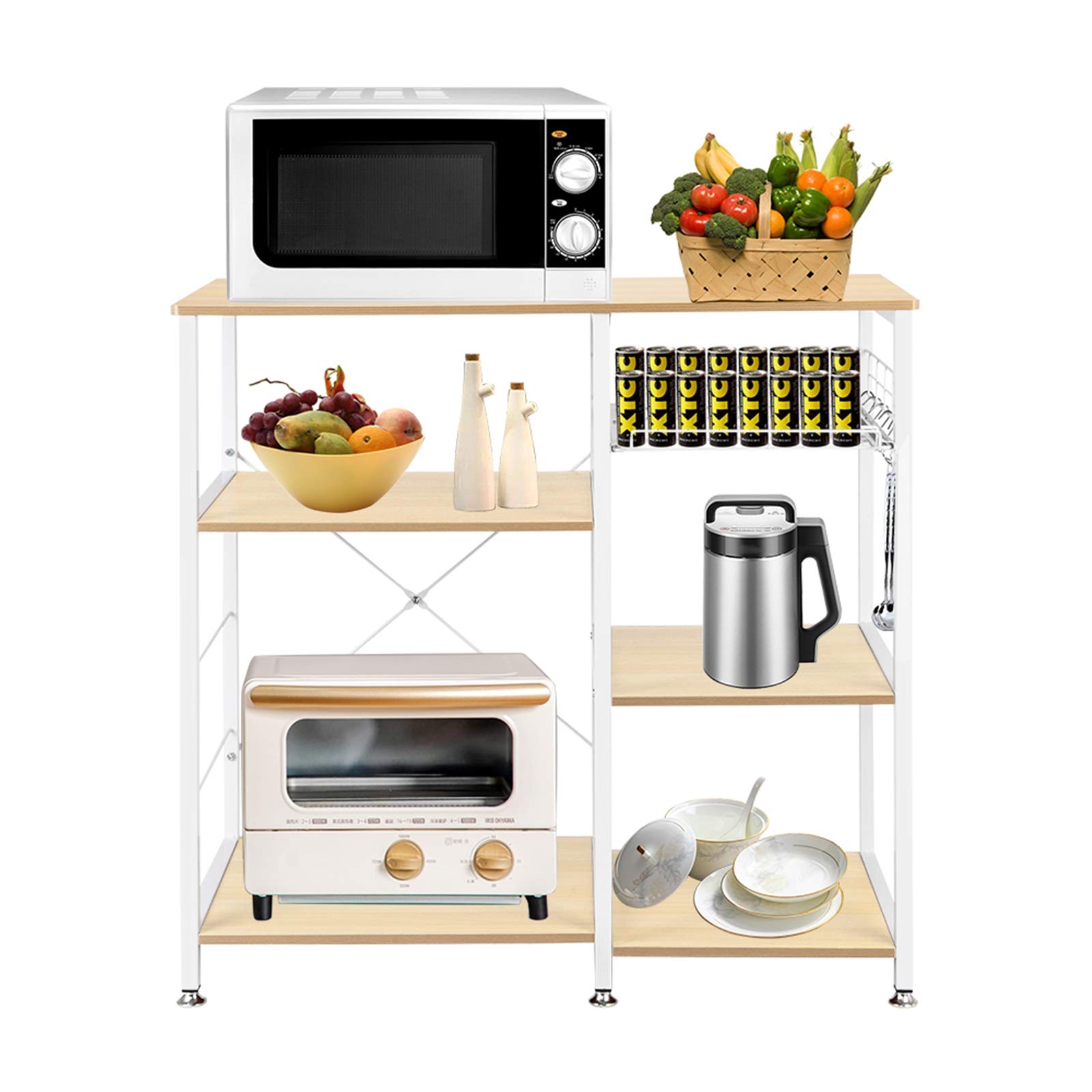 Teeker White Oak Baker's Rack Microwave Stand with Wire Basket - Kitchen Storage Shelf for Coffee Station, Spices, Pots & Pans Organizer - Perfect for Small Kitchens, Apartments & Dorm Rooms